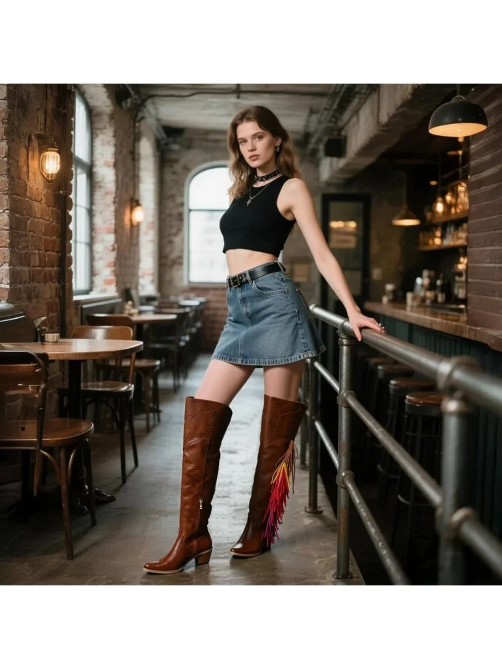 Women's Brown Over The Knee High Heel Boots Faux Fur Pointed Toe Western Boots